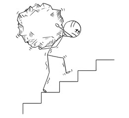Cartoon stick drawing conceptual illustration of man or businessman carrying big piece of rock upstairs.Business concept of challenge and effort.