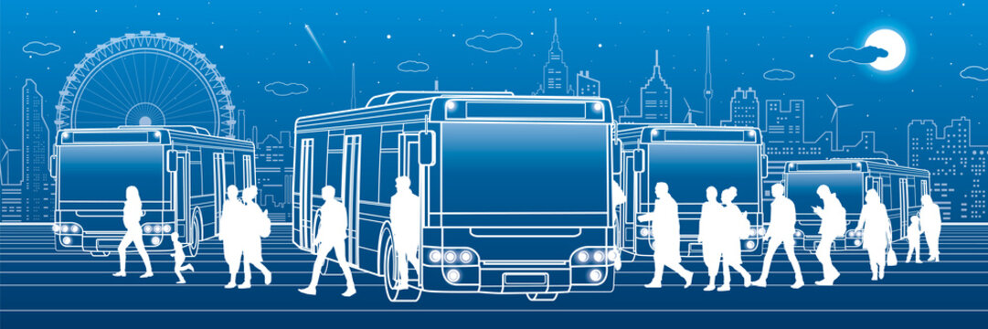 Transportation panoramic. Passengers enter and exit to the bus. Town transport infrastructure. Night city at background, vector design art