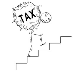 Cartoon stick drawing conceptual illustration of man or businessman carrying big piece of rock with text tax upstairs. Business concept of stress from tax.