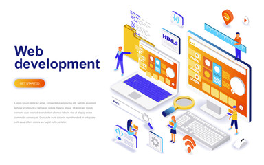 Web development modern flat design isometric concept. Developer and people concept. Landing page template. Conceptual isometric vector illustration for web and graphic design.