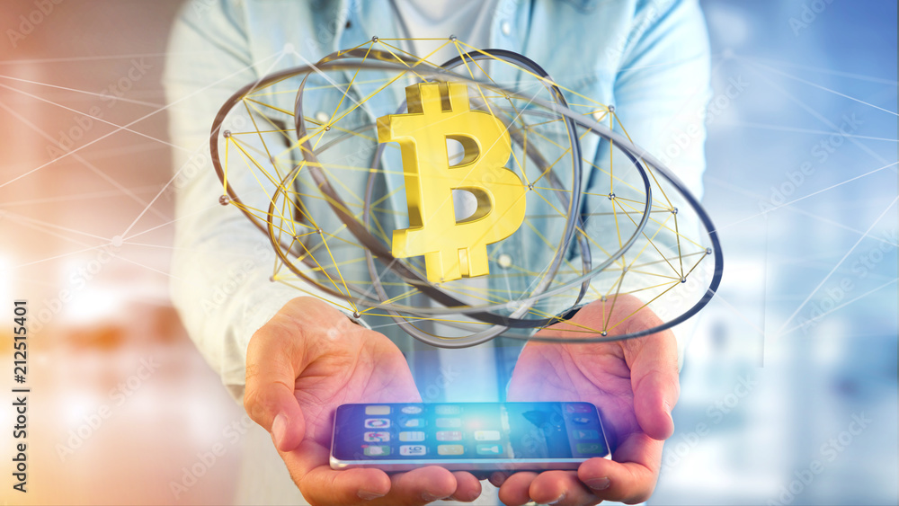 Poster businessman using a smartphone with a bitcoin crypto currency sign flying around a network connectio
