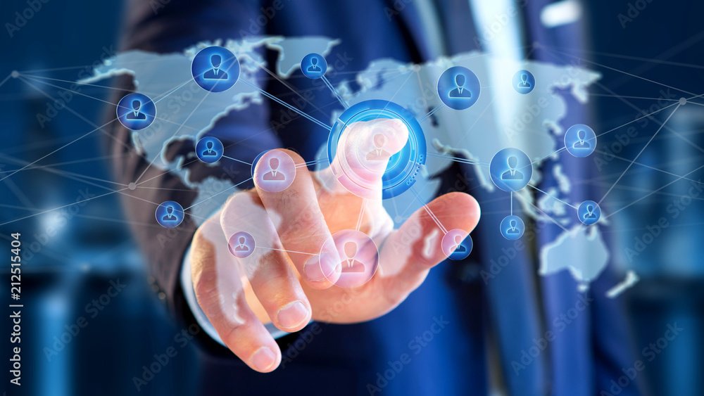 Poster businessman holding a network over a connected world map - 3d render
