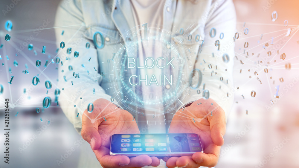 Poster blockchain title with 0 and 1 data flying over