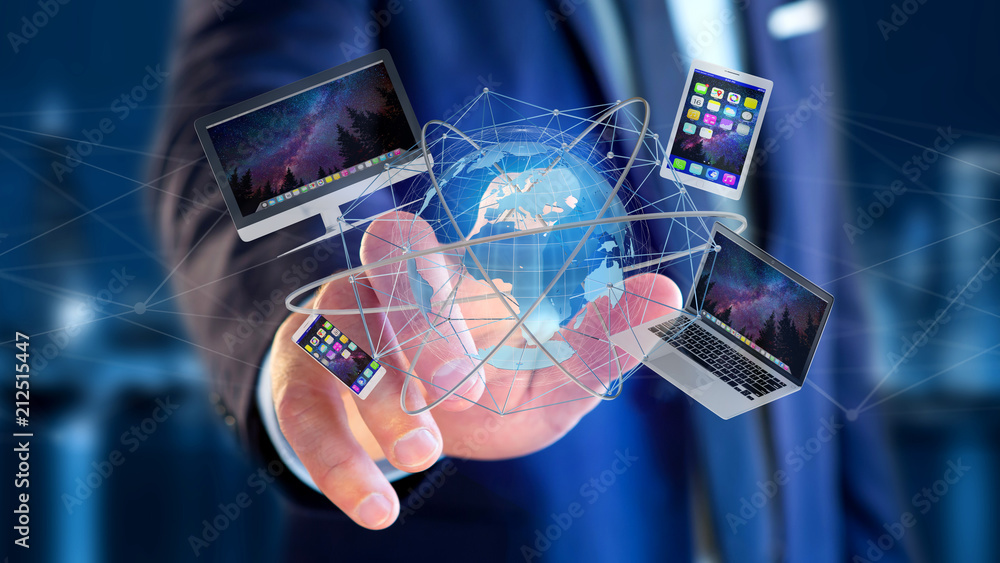 Poster businessman holding a computer and devices displayed on a futuristic interface with international ne