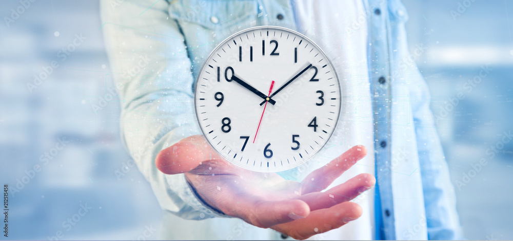 Poster man holding a clock timer 3d rendering