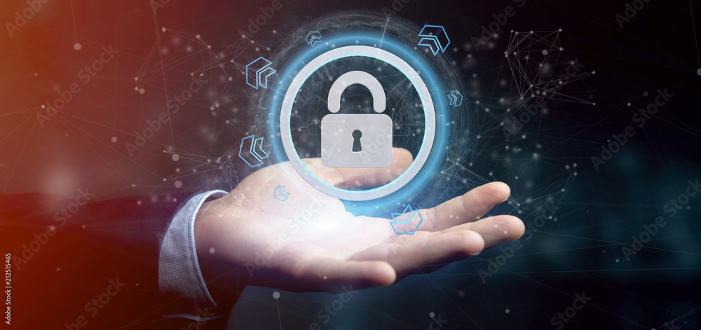 Poster man holding a padlock web security concept 3d rendering