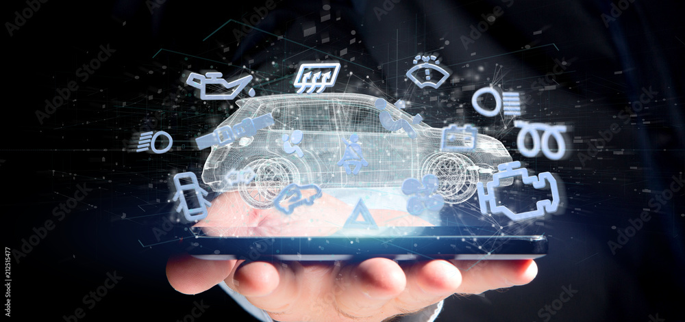 Poster man holding smartcar icon around an automobile 3d rendering