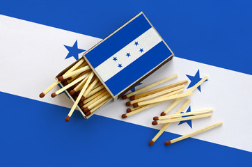Honduras flag  is shown on an open matchbox, from which several matches fall and lies on a large...