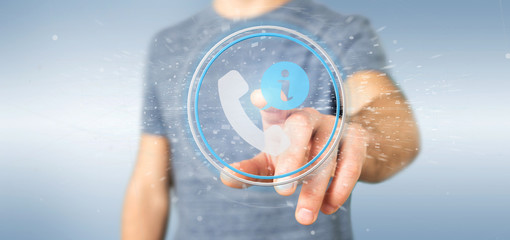 Businessman holding a customer and assistance hotline service button 3d rendering