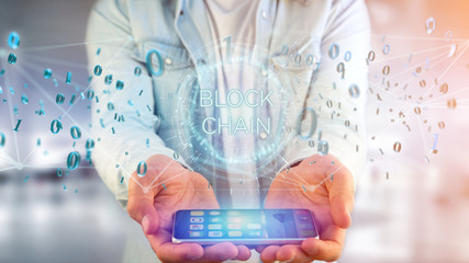 Blockchain title with 0 and 1 data flying over