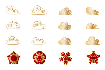 Asian china japan cloud shape flower set. Red stylised sakura bud geometric golden leaf. Traditional paper cut Eastern new year decor. Vector isolated white background.
