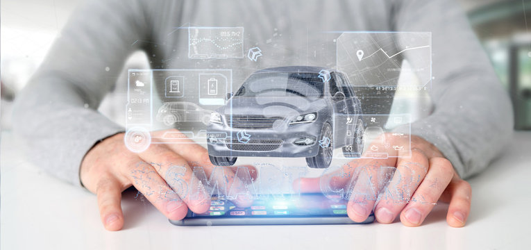 Man holding a Dashboard smartcar interface dashboard 3d rendering