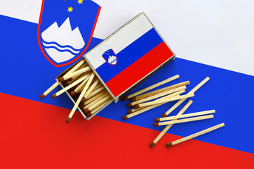 Slovenia flag  is shown on an open matchbox, from which several matches fall and lies on a large...