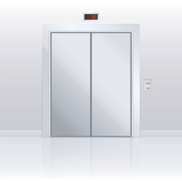 Elevator door. Modern silver metallic closed passenger lift with up and down panel and display for the floor. Vector illustration.