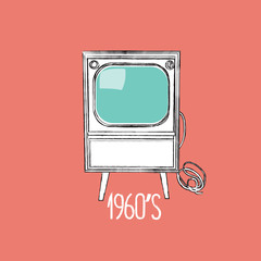 vector tv illustration. interior design mid century modern. vintage retro. history of television. 