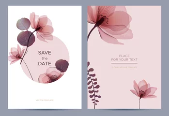 Poster Bruiloft uitnodiging in de botanische stijl. Roze bloemen op een witte achtergrond. Achtergrond voor de uitnodiging, winkel, schoonheidssalon, spa. © Oscar Ghost