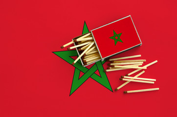 Morocco flag  is shown on an open matchbox, from which several matches fall and lies on a large flag