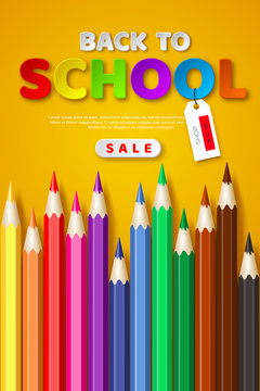 Back to school sale poster with 3d realistic pencils, paper cut style letters. Poster for seasonal discount. Vector illustration.