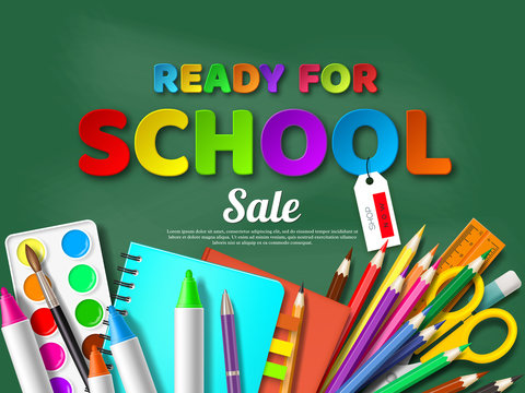 Ready for school sale poster with realistic school supplies. Paper cut style letters on blackboard background. Vector illustration.