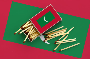 Maldives flag  is shown on an open matchbox, from which several matches fall and lies on a large...