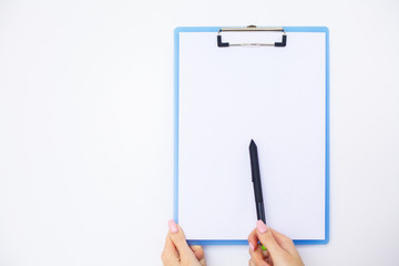 Blank Folder with White Paper. Hand that Holding Folder and Handle on White Background. Copyspace. Place for Text.