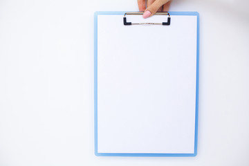 Blank Folder with White Paper. Hand that Holding Folder and Handle on White Background. Copyspace. Place for Text.