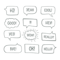 Hand drawn comic speech bubbles with message words vector collection.