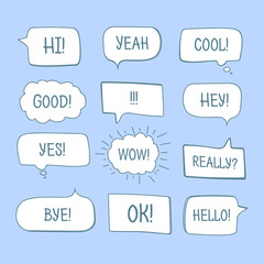Hand drawn comic speech bubbles with message words vector collection.