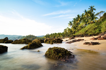Long exposure. Beautiful and relaxing beach flanked by green palm trees at sunset. Varkala, Kerala,...