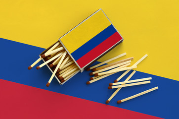 Colombia flag  is shown on an open matchbox, from which several matches fall and lies on a large...