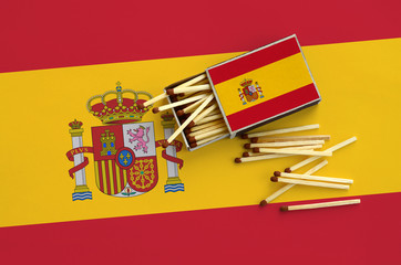 Spain flag  is shown on an open matchbox, from which several matches fall and lies on a large flag