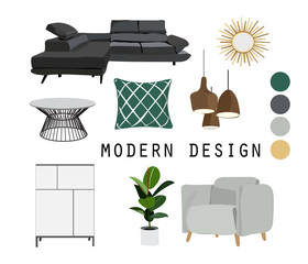 modern interior design vector illustration. living room furniture. sofa armchair chair mirror cabinet. mustache. Mood board of home house decor. Designer elements collection