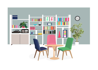 vector interior design home illustration. dining room. living room. library