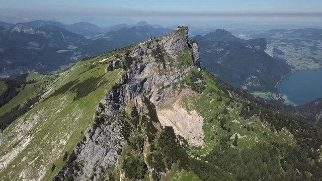 Flight around Schafberg summit in Salzkammergut, Upper Austria.