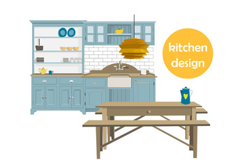 vector interior design illustration. kitchen dining room element set. 