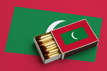 Maldives flag  is shown in an open matchbox, which is filled with matches and lies on a large flag