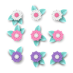 Set of 3d paper cut flowers with leaves. Decorative elements greeting cards, backgrounds. White, pink and violet colors. Isolated on white. Vector illustration.