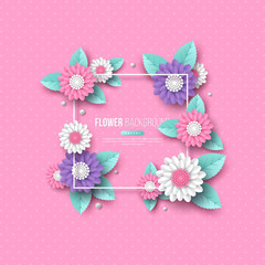 Frame with paper cut 3d flower in pink, white and violet colors. Place for text, dotted pattern. Decorative elements for holiday design. Vector illustration.