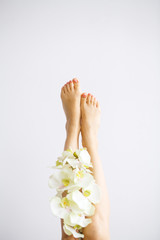 Hair Removal. Close Up Woman Hands Touching Long Legs, Soft Skin