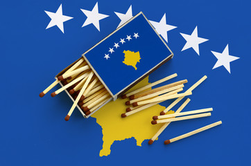 Kosovo flag  is shown on an open matchbox, from which several matches fall and lies on a large flag