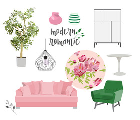 vector living room illustration. interior design element set collection. romantic vintage style. floral flower peonies pattern. mood board. 