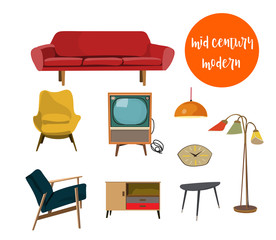 vector collection set of mid century modern interior design. Illustration. Mood board of retro vintage home decor. Furniture elements collection set. 
