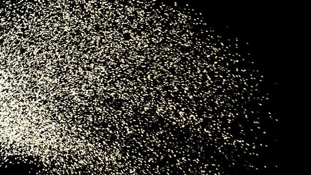 Animated flying from left to right a lot of sparks or heated metal particles in slow motion as if grinding metals or explosion of sparks from busting transformer or other electrical short circuit.