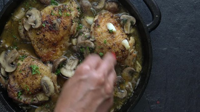 Chicken Marsala with Mushrooms. Prepared in a Cast Iron.