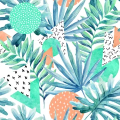 Rolgordijnen Driehoeken, cirkels met aquarel tropische bladeren, doodles, papierstructuren. © Tanya Syrytsyna