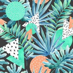 Tuinposter Triangles, circles with watercolor tropical leaves, doodles, paper textures © Tanya Syrytsyna