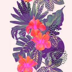 Wandcirkels tuinposter Handgetekende bloem, waaierpalm, monsterabladeren, marmering, doodle texturen, geometrische vormen in retro vanillekleuren. © Tanya Syrytsyna