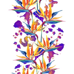 Tuinposter Aquarel schilderij van tropische bloemen, kleurrijke vlekken naadloze patroon. © Tanya Syrytsyna