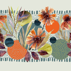 Fleurs et feuilles à l& 39 aquarelle, formes de cercle sur fond de textures de griffonnage minimal.