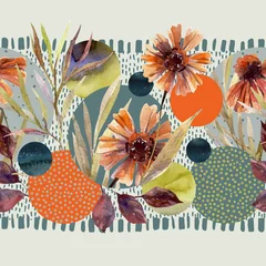 Fotobehang Grafische prints Aquarel bloemen en bladeren, cirkel vormen op minimale doodle texturen achtergrond.